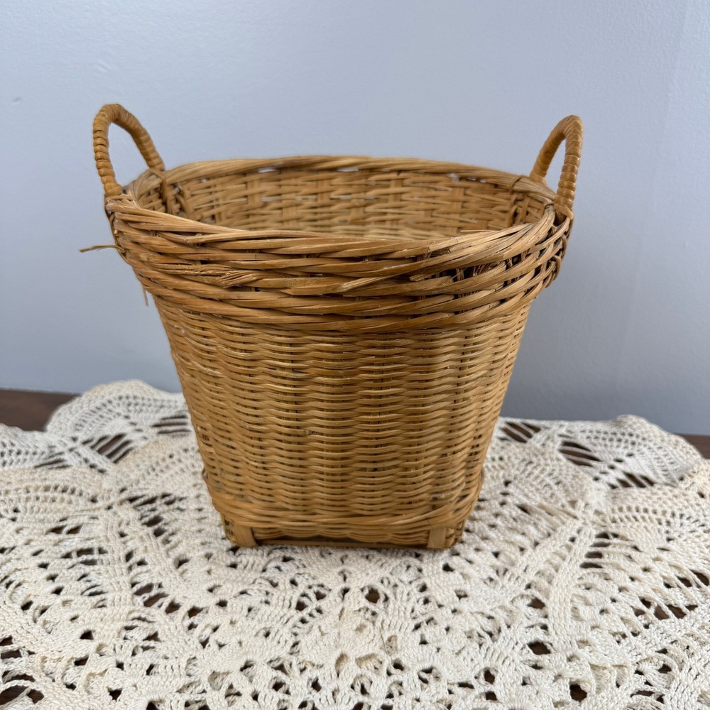 Vintage Wicker Basket Square Base Round Top Double Handle Natural Woven Storage